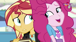 Size: 1277x717 | Tagged: safe, screencap, pinkie pie, sunset shimmer, equestria girls, mirror magic, spoiler:eqg specials, book, geode of empathy, journal, teletoon