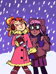 Size: 765x1000 | Tagged: safe, artist:bjarkboof, sci-twi, sunset shimmer, twilight sparkle, human, equestria girls, blushing, earmuffs, female, glasses, holding hands, human coloration, lesbian, scitwishimmer, shipping, smiling, snow, sunsetsparkle, winter