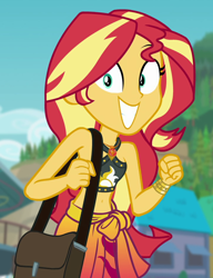Size: 726x945 | Tagged: safe, screencap, sunset shimmer, better together, equestria girls, forgotten friendship, belly button, bikini, bikini babe, bikini top, clothes, cropped, cute, excited, geode of empathy, magical geodes, midriff, sarong, shimmerbetes, solo, swimsuit