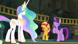 Size: 1920x1080 | Tagged: safe, screencap, princess celestia, sunset shimmer, twilight sparkle, twilight sparkle (alicorn), alicorn, pony, better together, equestria girls, forgotten friendship, book, eyes closed, female, hoof shoes, laughing, mare, plot