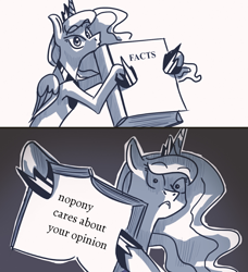 Size: 1080x1186 | Tagged: safe, artist:askbestprincessluna, editor:apex soundwave, princess luna, alicorn, pony, black and white, ed edd n eddy, facts, female, grayscale, luna's fact book, mare, meme, monochrome, nobody cares, opinion, solo, text