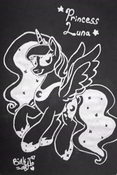 Size: 1483x2202 | Tagged: safe, artist:binkyt11, princess luna, alicorn, pony, black paper, female, mare, monochrome, solo, spread wings, stars, traditional art, wings