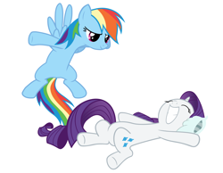 Size: 4250x3300 | Tagged: safe, artist:bobthelurker, artist:timeimpact, rainbow dash, rarity, pegasus, pony, unicorn, absurd resolution, female, lesbian, on back, raridash, shipping, simple background, vector, white background