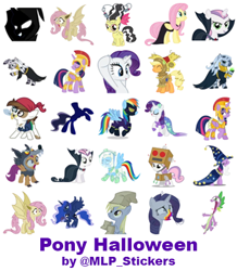 Size: 364x418 | Tagged: safe, artist:mlpcreativelab, applejack, derpy hooves, fluttershy, pipsqueak, princess luna, rainbow dash, rarity, scootaloo, spike, sweetie belle, twilight sparkle, twilight sparkle (alicorn), zecora, alicorn, bat pony, earth pony, headless horse, mermaid, pegasus, pony, unicorn, 28 pranks later, bats!, luna eclipsed, scare master, animal costume, armor, astrodash, athena sparkle, bat ponified, bride of frankenstein, clothes, cookie zombie, costume, dracula, flutterbat, halloween, headless, holiday, mermarity, nightmare night costume, paper bag, paper bag wizard, pirate, race swap, shadowbolt dash, shadowbolts costume, simple background, star swirl the bearded costume, telegram sticker, white background, wolf costume