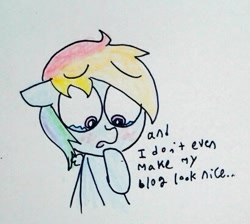 Size: 409x367 | Tagged: safe, rainbow dash, pegasus, pony, ask-rainbowshy-plz, blushing, crying, sad, solo