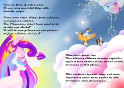 Size: 1024x724 | Tagged: safe, artist:oneiria-fylakas, princess cadance, princess flurry heart, oc, oc only, alicorn, pegasus, pony, unicorn, comic:ibath world, cloud, magic, older, text