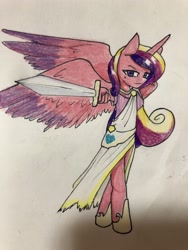 Size: 3024x4032 | Tagged: safe, artist:ponime11, princess cadance, alicorn, anthro, unguligrade anthro, anatomically incorrect, clothes, female, incorrect leg anatomy, looking at you, pointing, solo, spread wings, sword, traditional art, weapon, wings