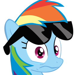 Size: 600x600 | Tagged: safe, rainbow dash, pegasus, pony, reaction image, solo, sunglasses, worried