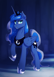 Size: 1046x1499 | Tagged: safe, artist:anticular, princess luna, alicorn, pony, crown, female, grin, hoof shoes, jewelry, looking at you, mare, one hoof raised, peytral, raised eyebrow, regalia, smiling, solo