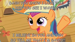 Size: 1280x720 | Tagged: safe, rainbow dash, scootaloo, pegasus, pony, comic sans, image macro, jesus christ superstar, lyrics, music, musical, simon the zealot, solo, text, zealotry