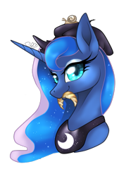 Size: 571x769 | Tagged: safe, artist:alissa1010, princess luna, alicorn, pony, beret, bread, croissant, cute, ethereal mane, female, food, french, hat, looking at you, mare, simple background, snail, starry mane, transparent background, vector