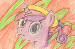 Size: 4773x3177 | Tagged: safe, artist:bubblegumstudios, princess cadance, alicorn, pony, abstract background, bust, female, frown, mare, traditional art