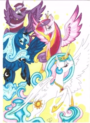 Size: 4393x5969 | Tagged: safe, artist:pegasister223, princess cadance, princess celestia, princess luna, twilight sparkle, twilight sparkle (alicorn), alicorn, pony, cutie mark, ethereal mane, female, flying, jewelry, lidded eyes, looking at you, mare, regalia, simple background, smiling, spread wings, starry mane, traditional art, white background, wings