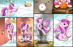 Size: 626x402 | Tagged: safe, artist:3500joel, princess cadance, alicorn, pony, burned, burned butt, butt, butt fire, chimney, comic, female, fire, literal butthurt, mare, pain, plot, snow, solo, soot