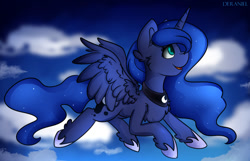 Size: 1278x823 | Tagged: safe, artist:deraniel, princess luna, alicorn, pony, chest fluff, cloud, cute, female, flying, hoof shoes, mare, open mouth, peytral, sky, smiling, solo, spread wings, wings