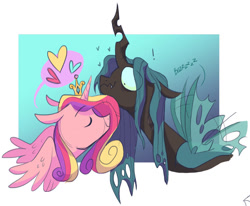 Size: 985x811 | Tagged: safe, artist:virtualkidavenue, princess cadance, queen chrysalis, alicorn, changeling, changeling queen, pony, abstract background, alternate universe, buzzing wings, cadalis, crown, exclamation point, eye clipping through hair, eyes closed, female, floppy ears, heart, infidelity, jewelry, lesbian, mare, missing accessory, nuzzling, quadrupedal, regalia, shipping, smiling, speech bubble, wavy mouth, wings