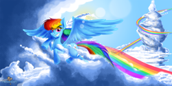 Size: 3000x1500 | Tagged: safe, artist:filmmakerj, rainbow dash, pegasus, pony, cloud, cloudy, flying, solo, working