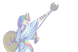 Size: 1000x675 | Tagged: safe, artist:thereturnofmuabo, rainbow dash, clothes, dress, gala dress, humanized, shield, solo, staff