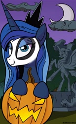 Size: 2984x4848 | Tagged: safe, artist:monsterglad, nightmare moon, princess luna, alicorn, pony, andy price style, cloud, crescent moon, female, halloween, holiday, i can't believe it's not idw, jack-o-lantern, mare, moon, night, nightmare night, pumpkin, solo, statue, style emulation