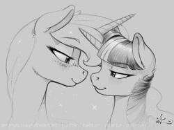 Size: 1200x900 | Tagged: safe, artist:amarynceus, princess luna, twilight sparkle, alicorn, pony, blushing, eye contact, female, freckles, gray background, grayscale, imminent kissing, lesbian, looking at each other, love, mare, monochrome, shipping, simple background, twiluna