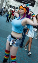 Size: 539x899 | Tagged: safe, artist:geekeryandsuch, rainbow dash, human, belly button, cosplay, irl, irl human, midriff, photo