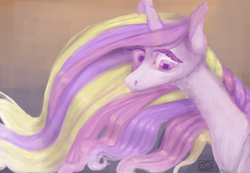 Size: 662x459 | Tagged: safe, artist:eugenchen, princess cadance, alicorn, pony, abstract background, bust, female, mare, missing accessory, solo, windswept mane