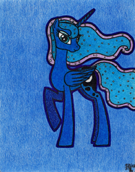 Size: 1024x1308 | Tagged: safe, artist:aracage, princess luna, alicorn, pony, blue background, female, looking at you, mare, raised hoof, simple background, solo, traditional art