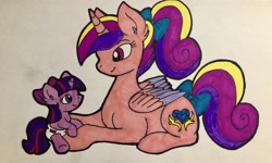 Size: 4032x2420 | Tagged: safe, artist:crystal2riolu, princess cadance, twilight sparkle, alicorn, pony, baby, babylight sparkle, bow, diaper, teen princess cadance, traditional art