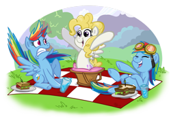 Size: 1024x715 | Tagged: safe, artist:buckingawesomeart, rainbow dash, surprise, pegasus, pony, g1, basket, drink, duality, food, g1 to g4, generation leap, goggles, picnic, picnic basket, picnic blanket, plate, sandwich, surprised