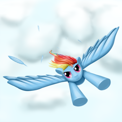 Size: 2500x2500 | Tagged: safe, artist:renatethepony, rainbow dash, pegasus, pony, cloud, cloudy, feather, flying, renatethepony, solo, speedpaint