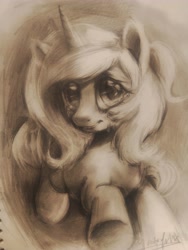 Size: 3456x4608 | Tagged: safe, artist:colorfulcolor233, princess luna, alicorn, pony, female, filly, monochrome, solo, traditional art, woona, younger