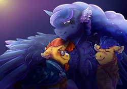 Size: 3333x2333 | Tagged: safe, artist:venomlion3, flash sentry, princess luna, sunburst, alicorn, pony, bisexual, crack shipping, female, flashburst, flashluna, gay, lunaburst, lunaflashburst, lunasentry, male, polyamory, shipping, straight