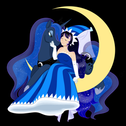 Size: 1280x1280 | Tagged: dead source, safe, artist:marimaribella, princess luna, human, pony, clothes, cookie run, crossover, dress, hennin, moonlight cookie