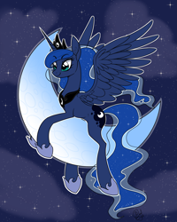 Size: 3333x4167 | Tagged: safe, artist:basykail, artist:casualcolt, princess luna, alicorn, pony, collaboration, cloud, crescent moon, cute, ear fluff, female, hug, mare, moon, night, prone, sky, smiling, solo, spread wings, stars, tangible heavenly object, transparent moon, white outline, wings