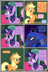 Size: 3254x4837 | Tagged: safe, artist:gutovi, applejack, fluttershy, pinkie pie, princess luna, twilight sparkle, twilight sparkle (alicorn), alicorn, earth pony, pegasus, pony, comic:why me!?, blushing, broken window, comic, show accurate