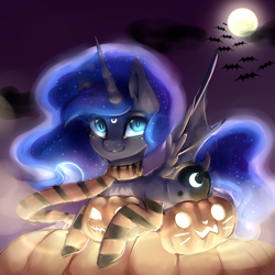 Size: 1000x1000 | Tagged: safe, artist:nutellaakanutella, princess luna, alicorn, bat, bat pony, bat pony alicorn, pony, bat ponified, bat wings, clothes, female, halloween, holiday, jack-o-lantern, mare, moon, night, pumpkin, race swap, scarf, slit eyes, socks, solo, striped socks, wings