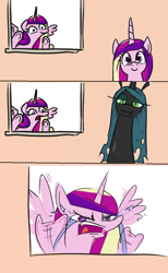 Size: 774x1253 | Tagged: safe, artist:jargon scott, edit, princess cadance, queen chrysalis, alicorn, changeling, changeling queen, pony, against glass, angry, comic, crying, disguise, disguised changeling, fake cadance, female, glass, ocular gushers