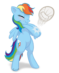 Size: 1600x1958 | Tagged: safe, artist:furreon, rainbow dash, pegasus, pony, action pose, ball, bipedal, blushing, eyes closed, female, mare, signature, simple background, solo, sports, transparent background, volleyball