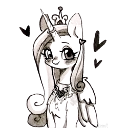 Size: 1000x1000 | Tagged: safe, artist:kirinit, princess cadance, alicorn, pony, blushing, chest fluff, crown, cute, cutedance, female, heart, horn, horn ring, inktober, inktober 2019, jewelry, mare, monochrome, painting, peytral, regalia, simple background, solo, traditional art, white background