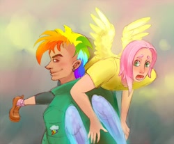 Size: 850x704 | Tagged: safe, artist:ripushko, butterscotch, fluttershy, rainbow blitz, rainbow dash, butterblitz, carrying, gay, humanized, male, mohawk, rule 63, shipping, thick eyebrows, winged humanization