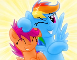 Size: 4200x3300 | Tagged: safe, artist:verulence, rainbow dash, scootaloo, pegasus, pony, eyes closed, noogie, wink