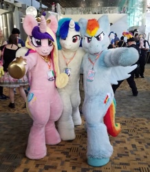 Size: 835x957 | Tagged: safe, artist:dolphinaphinity, artist:qtpony, artist:spainfischer, dj pon-3, princess cadance, rainbow dash, vinyl scratch, human, pegasus, pony, unicorn, bronycon, bronycon 2019, fursuit, irl, irl human, photo