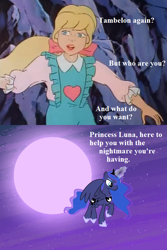 Size: 528x792 | Tagged: safe, edit, edited screencap, screencap, megan williams, princess luna, alicorn, human, pony, for whom the sweetie belle toils, g1, g4, my little pony 'n friends, the return of tambelon, comic, cropped, dialogue, dream, dream walker luna, ethereal mane, female, g4 to g1, generation leap, mare, moon, nightmare, screencap comic