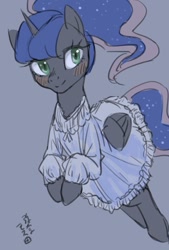 Size: 1000x1480 | Tagged: safe, artist:yanamosuda, princess luna, alicorn, pony, blushing, clothes, dress, female, gray background, mare, simple background, smiling, solo