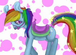 Size: 828x604 | Tagged: safe, artist:colorlesscupcake, rainbow dash, pegasus, pony, rainbow dash always dresses in style, saddle, solo