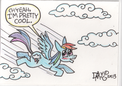 Size: 541x381 | Tagged: safe, artist:coyotecoyote, rainbow dash, pegasus, pony, cloud, cloudy, flying, solo, text, traditional art