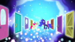 Size: 1440x810 | Tagged: safe, screencap, apple bloom, princess luna, alicorn, earth pony, pony, bloom and gloom, door, dream doors, dream realm, dream walker luna, duo, ethereal mane, female, filly, mare, starry mane