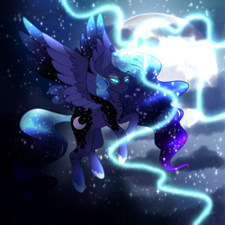 Size: 1632x1632 | Tagged: safe, artist:djspark3, artist:micky-ann, princess luna, alicorn, pony, collaboration, cloud, female, magic, mare, night, solo