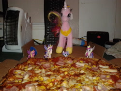 Size: 2560x1920 | Tagged: safe, artist:westrail642fan, princess cadance, princess flurry heart, alicorn, pony, domino's pizza, food, ham, heater, irl, keyboard, meat, merchandise, peetzer, photo, pizza, router, that pony sure does love pizza