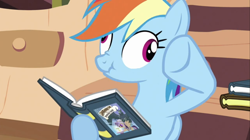 Size: 640x359 | Tagged: safe, screencap, rainbow dash, pegasus, pony, a friend in deed, book, derp, rainbow derp, scrunchy face, solo